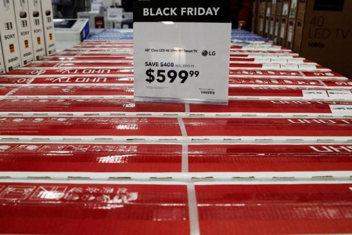 The Black Friday sale price for televisions is displayed at a Best Buy store in the Brooklyn borough of New York