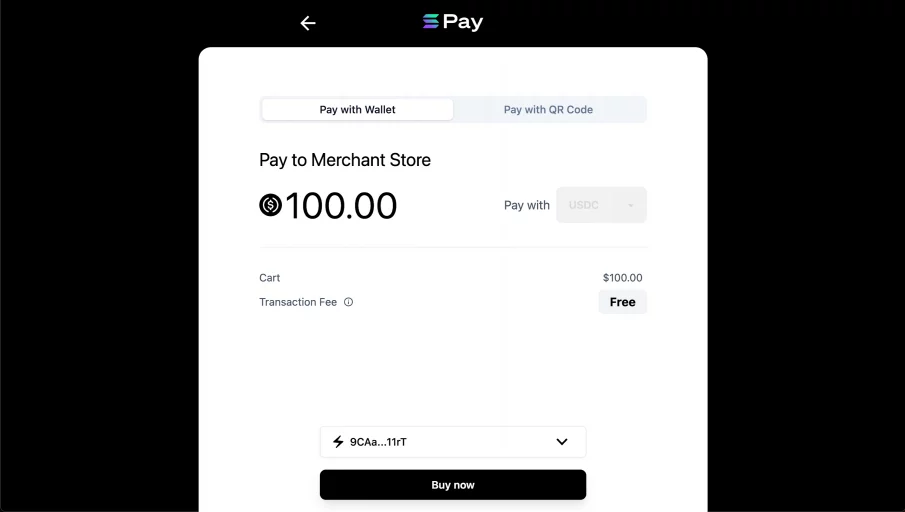 Скріншот інтеграції Solana Pay з USDC, де відбувається транзакція на $100.
