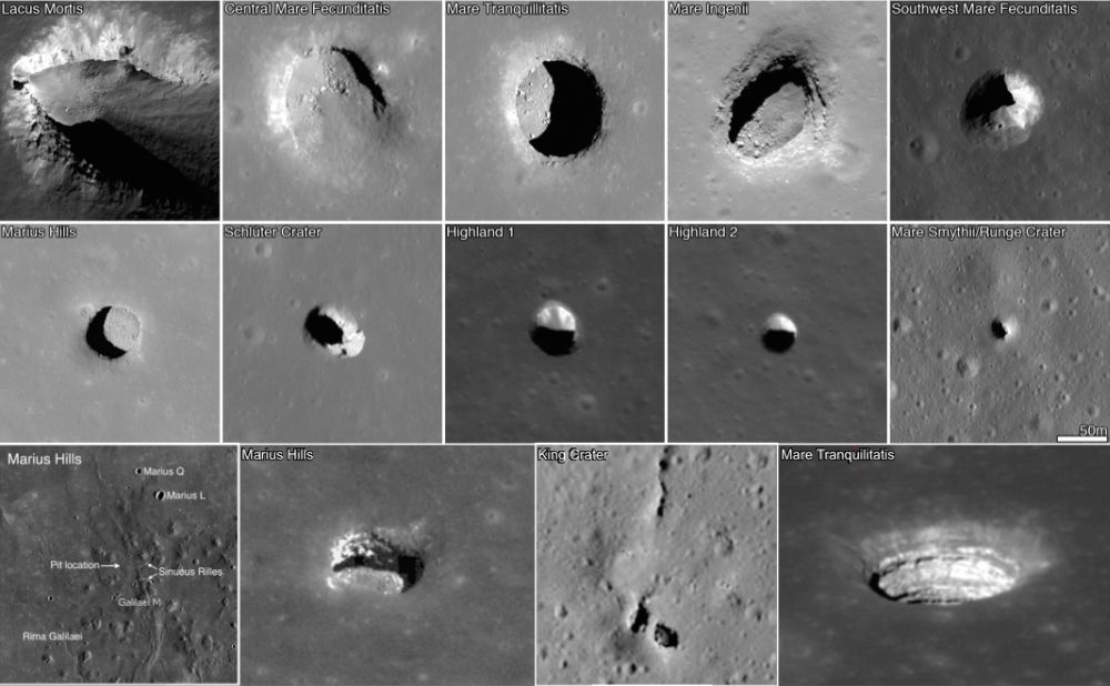 Лавові трубки — природні укриттям, які можуть слугувати місячними базами. На цих знімках, зроблених орбітальним апаратом Lunar Reconissance Orbiter, видно ями на поверхні Місяця. Ширина кожної з них становить 222 метри (728 футів). 