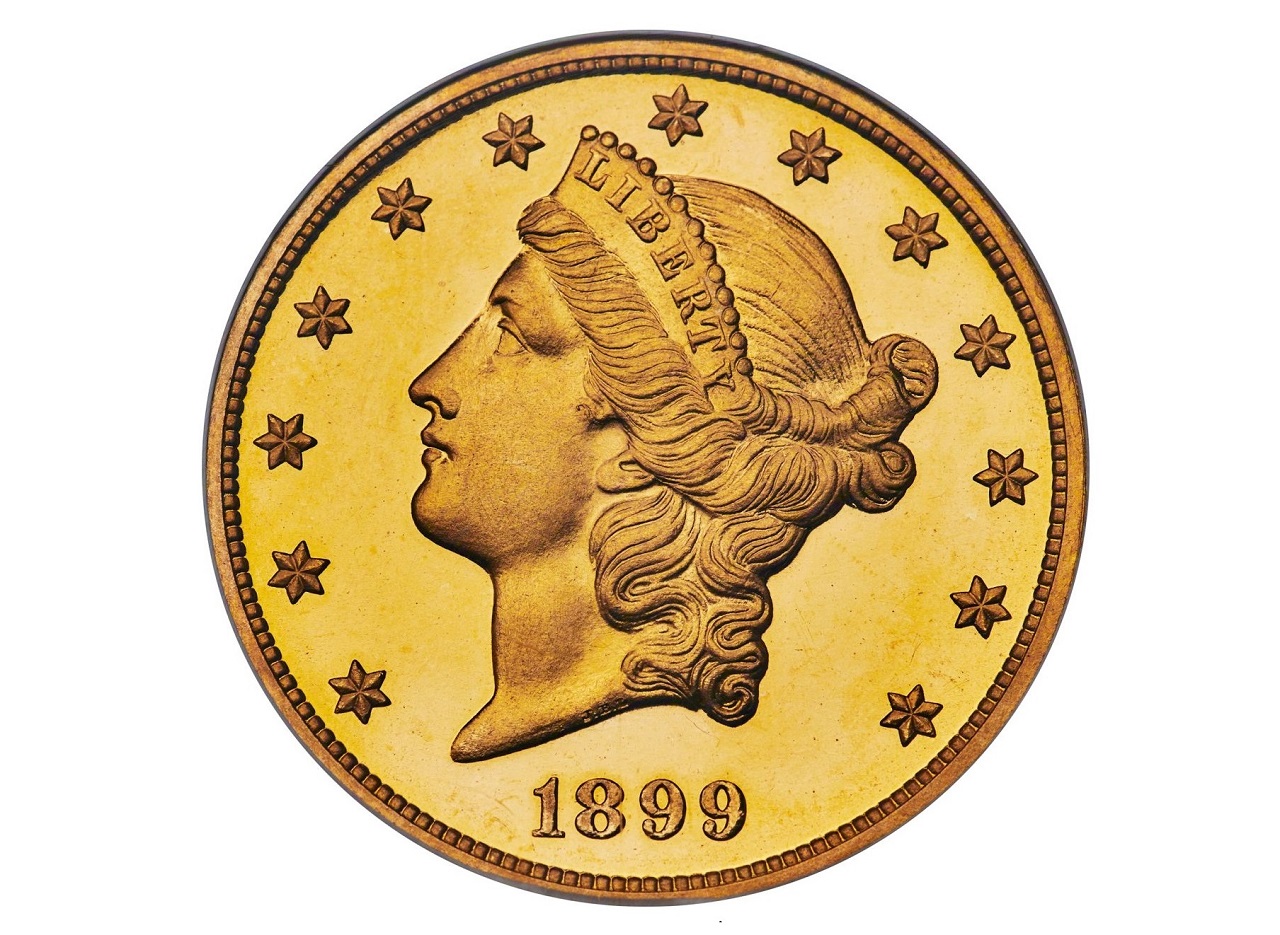 Редкая 20-долларовая золотая монета 1899 года с двуглавым орлом и изображением Liberty Head (Голова Свободы) возглавила аукцион Coins 