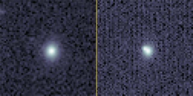 Зображення галактики, де сталася SN2023tyk, до і після вибуху. На зображенні після вибуху праворуч верхня ліва частина галактики виглядає деформованою в місці вибуху зірки 