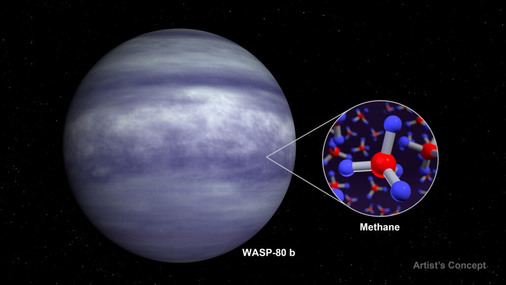 Коли дивитися людськими очима, колір теплої екзопланети WASP-80 b може виглядати блакитним через відсутність хмар на великій висоті та наявність атмосферного метану, ідентифікованого космічним телескопом Джеймса Вебба. Фото: NASA