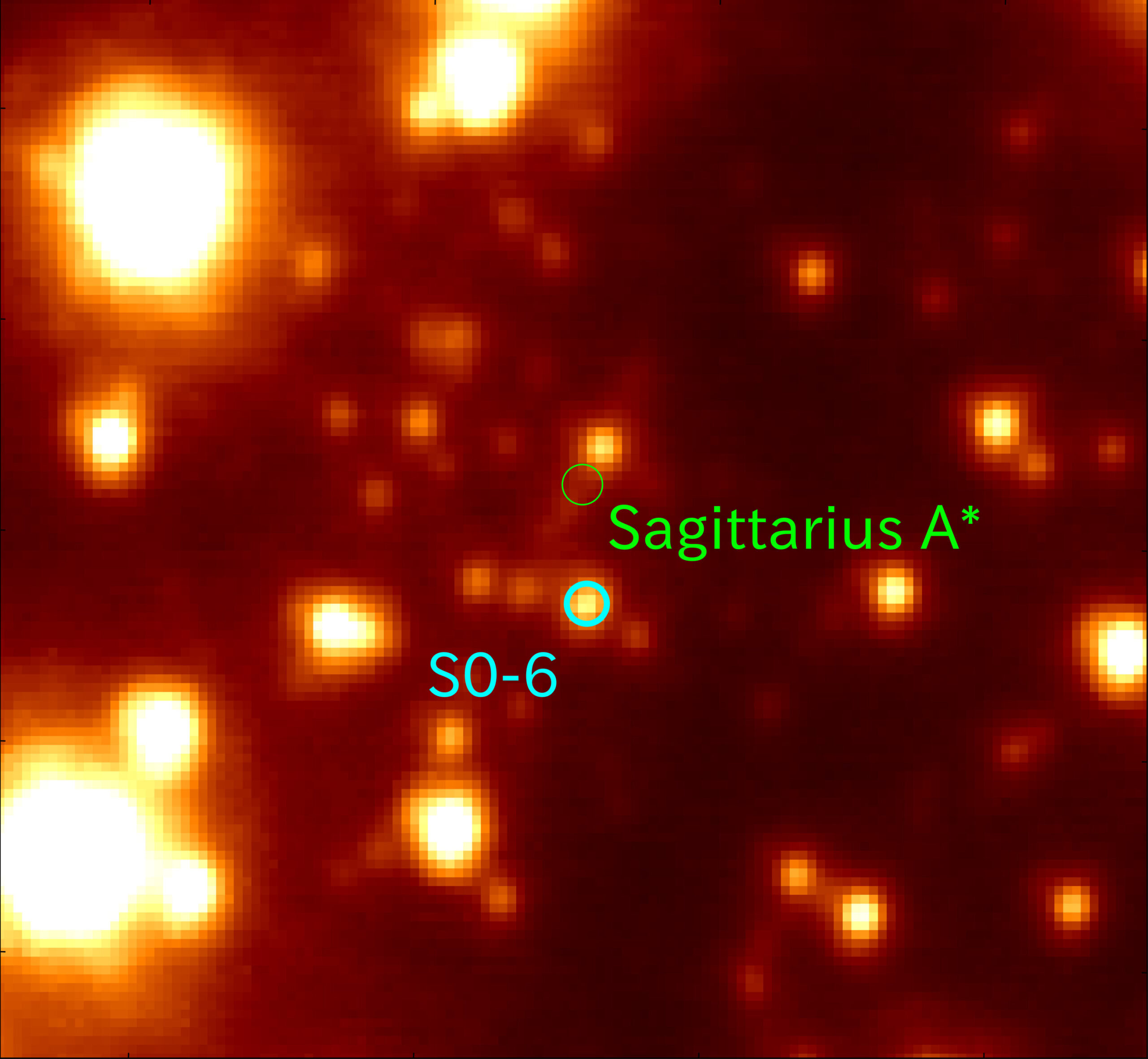 Зірка S0-6 (синє коло) розташована на відстані близько 0,04 світлових років від надмасивної чорної діри Стрільця A*.