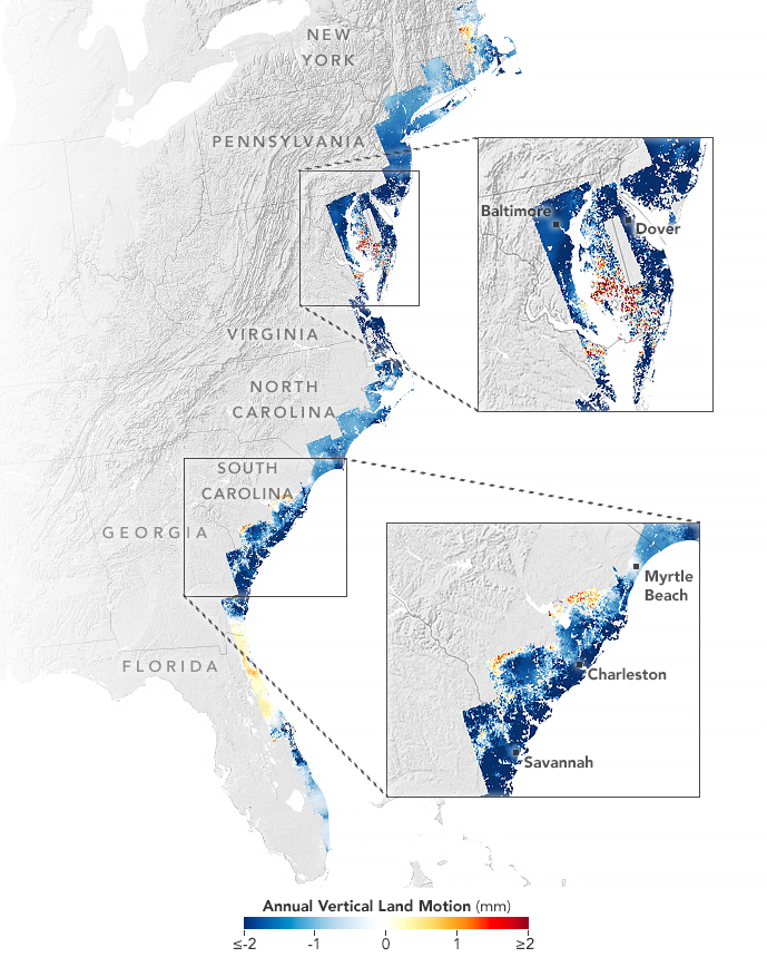 Исследователи проанализировали данные спутников и GPS, чтобы установить движение прибрежных земель от Новой Англии до Флориды.