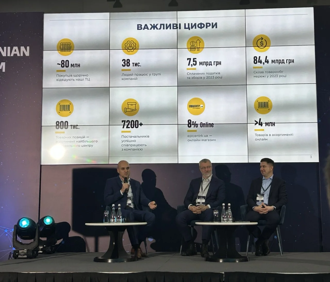 Заступник голови групи «Епіцентр К» Сергій Усіченко, Group CFO Нова пошта Петро Фоков, CFO ОККО Назар Купибіда (зліва направо).