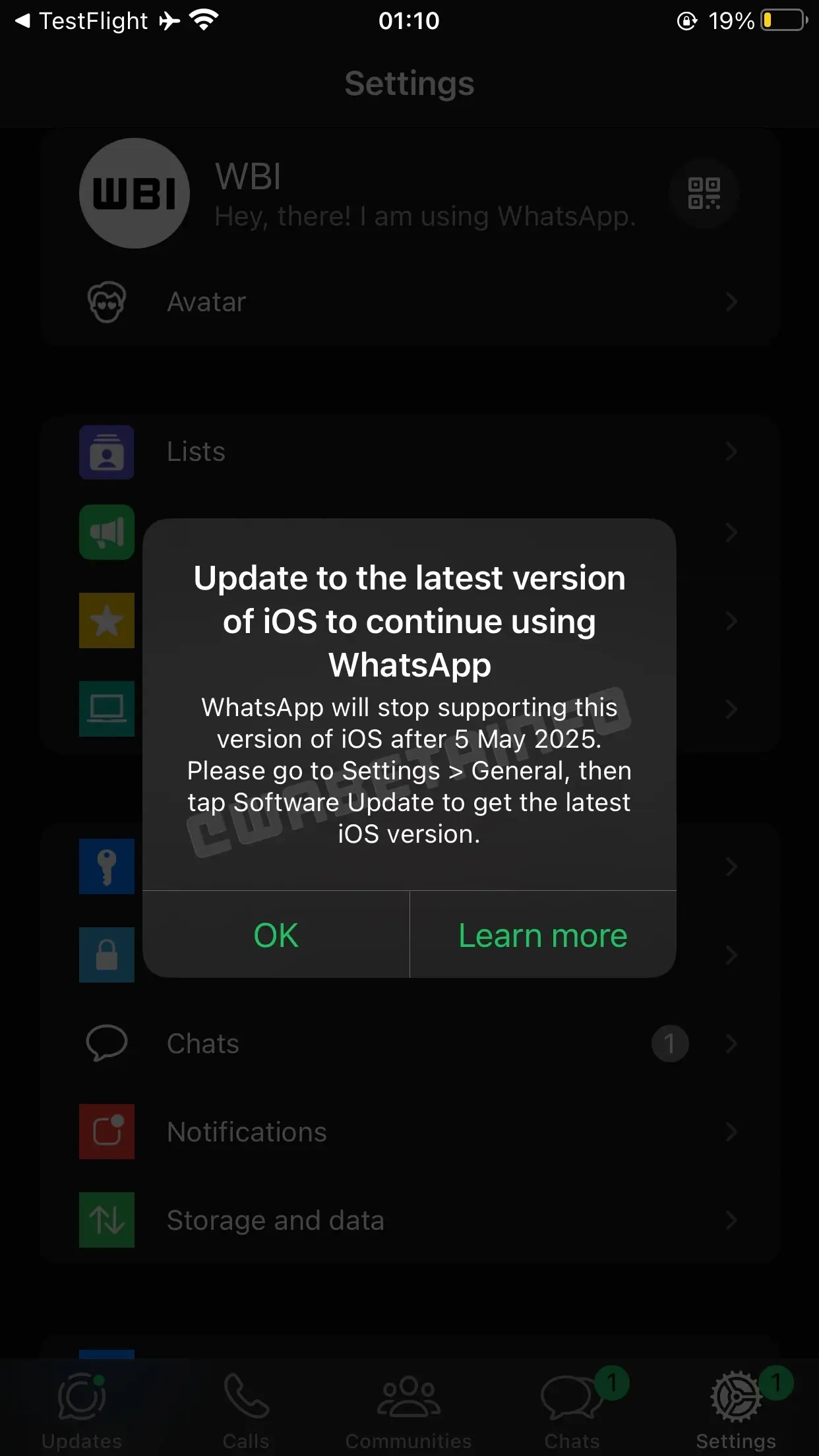 Оповещение от WhatsApp о прекращении поддержки старых версий iOS