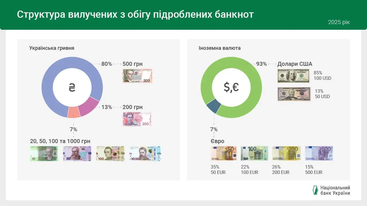 Які купюри найчастіше підробляли у 2025 — НБУ